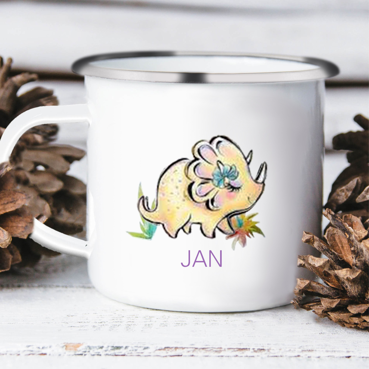 Personalised Enamel Mug Customised Name Dinosaur Cup Camping Mug Birthday Gift for Kids - Triceratops-Jessemade AU