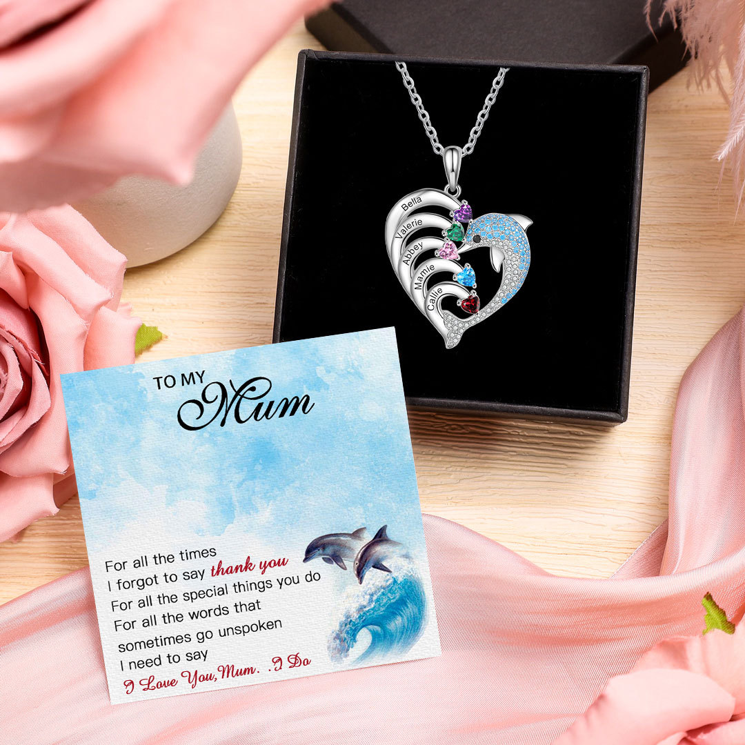 Personalised Heart Dolphin Necklace With 5 Birthstones Engraved Names Gift For Mum-Jessemade AU