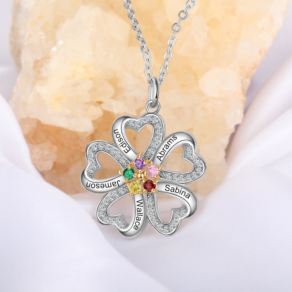 Personalised Heart Necklace With 5 Birthstones Engraved Names Gift For Women-Jessemade AU