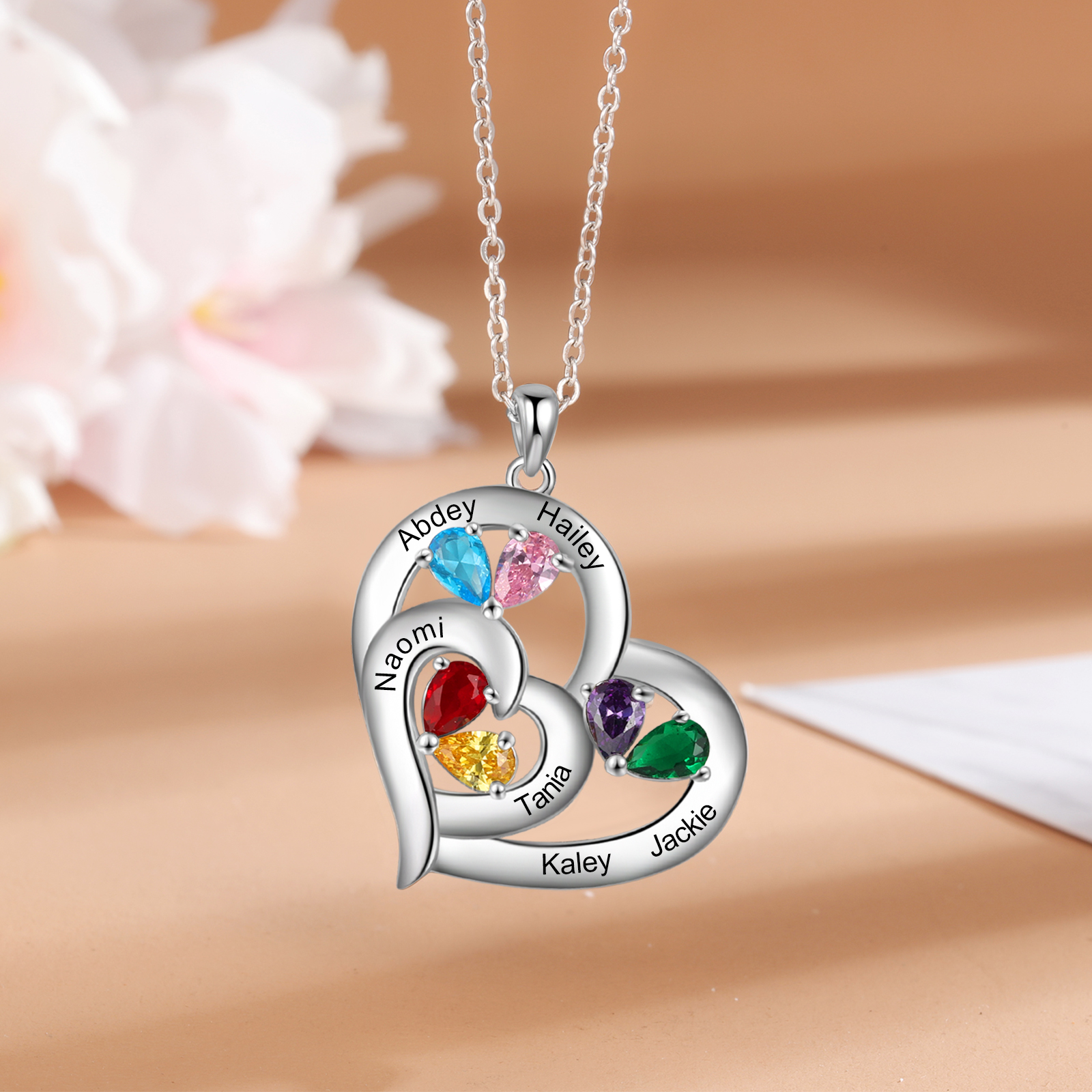 Personalised Heart Necklace With 6 Birthstones Engraved Names Gift For Her-Jessemade AU