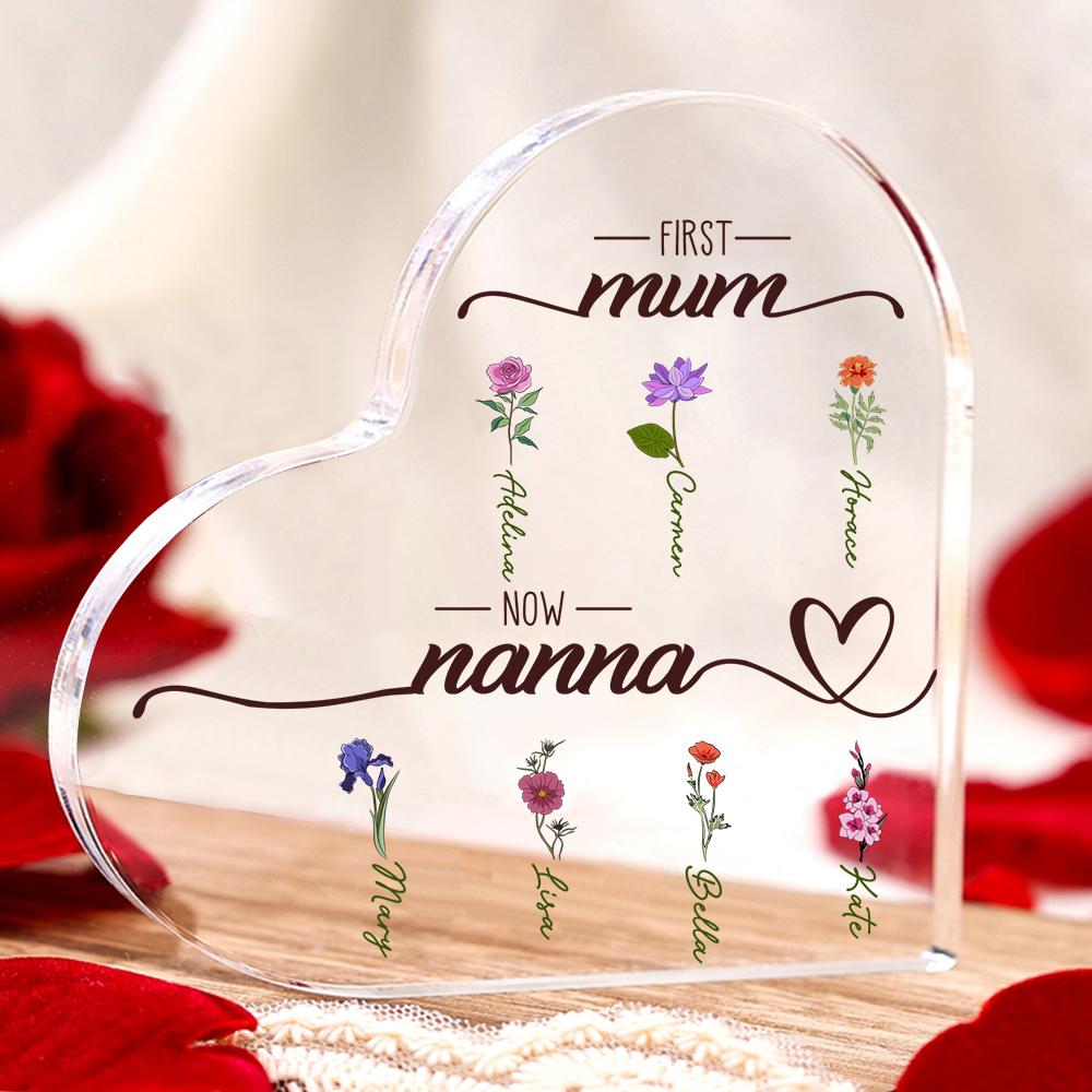 First Mum, Now Nanna - Personalised Acrylic Heart Keepsake Custom 2–10 Names & Birth Flowers Ornament Mother's Day Gift-Jessemade AU