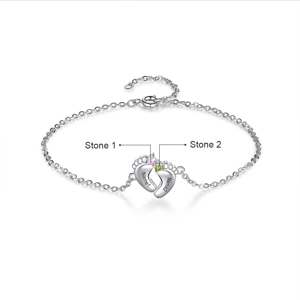 Personalised Baby Foot Necklace With 2 Birthstones Engraved Names Gift For Mother-Jessemade AU