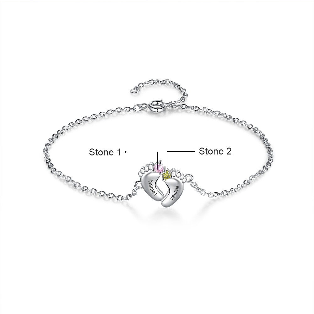 Personalised Baby Foot Necklace With 2 Birthstones Engraved Names Gift For Mother-Jessemade AU