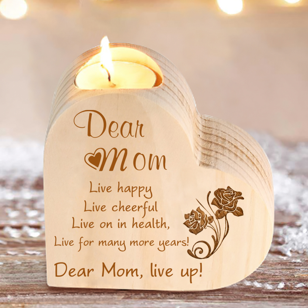 To My Dear Mom Heart Candle Holder Wooden Candlestick "live happy live cheerful"-Jessemade AU