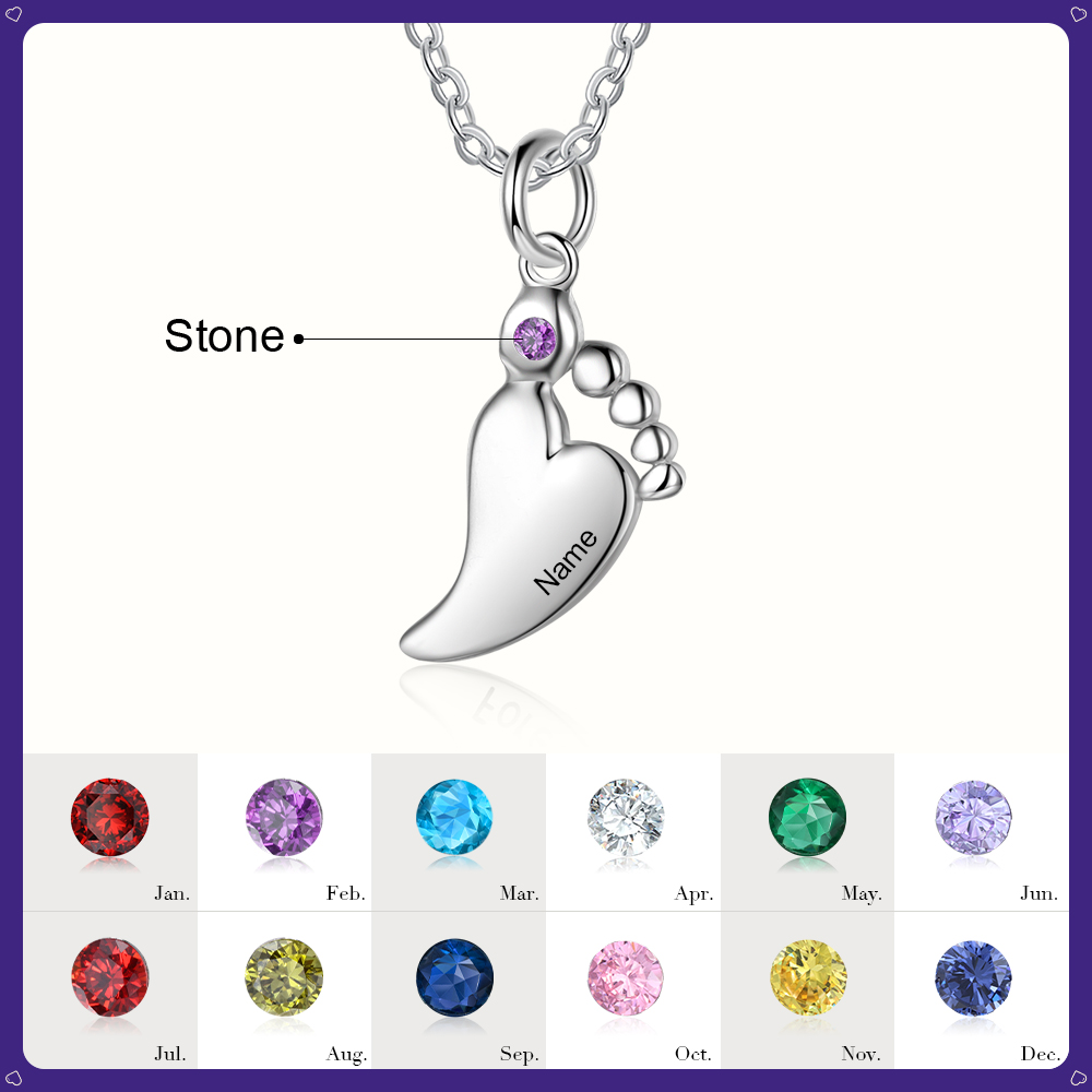 Personalised Baby Foot Necklace With 1 Birthstone Engraved Names Gift For Women