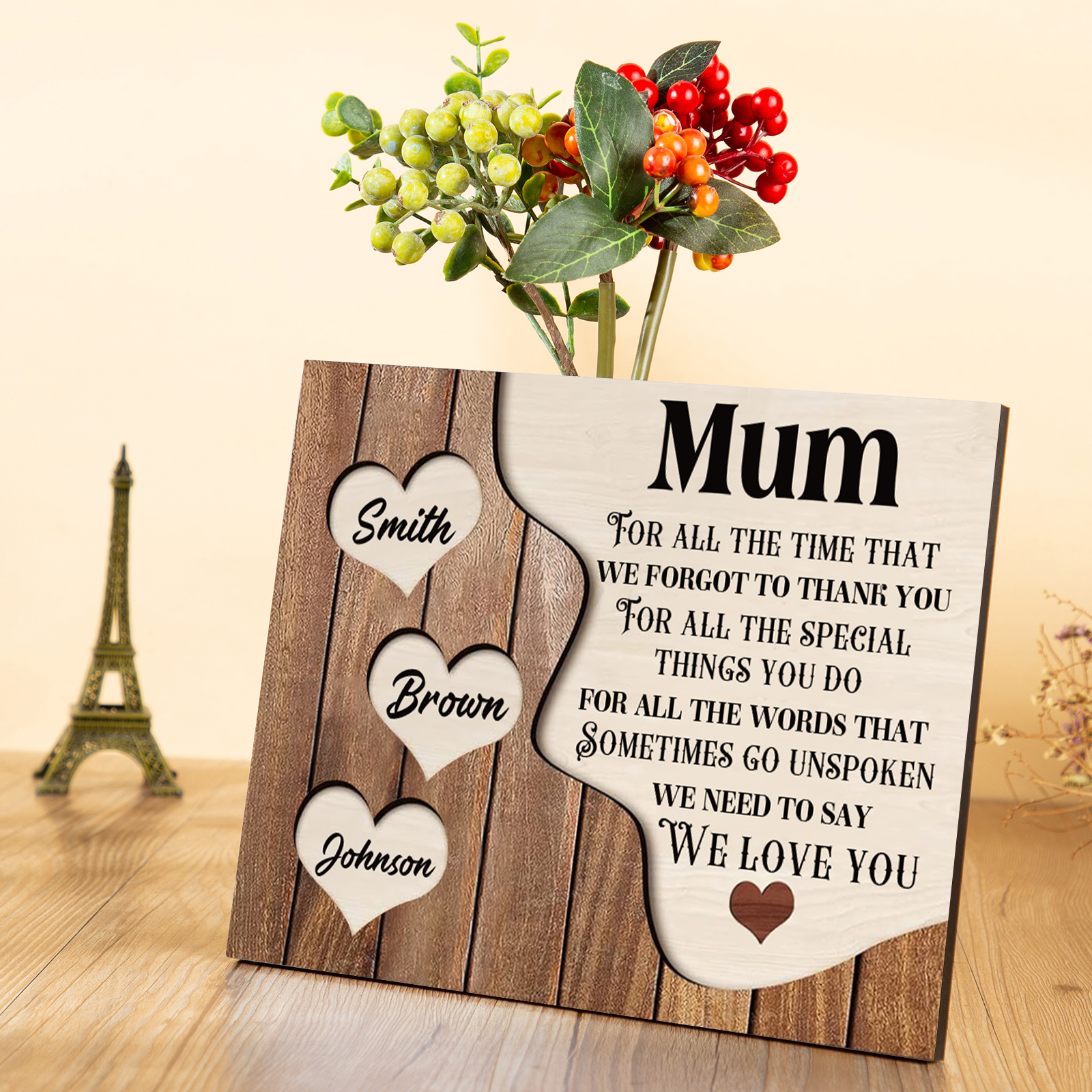 3 Names - Personalised Mum Wooden Plaque Custom Names Home Decoration Hearts Gift for Mother-Jessemade AU