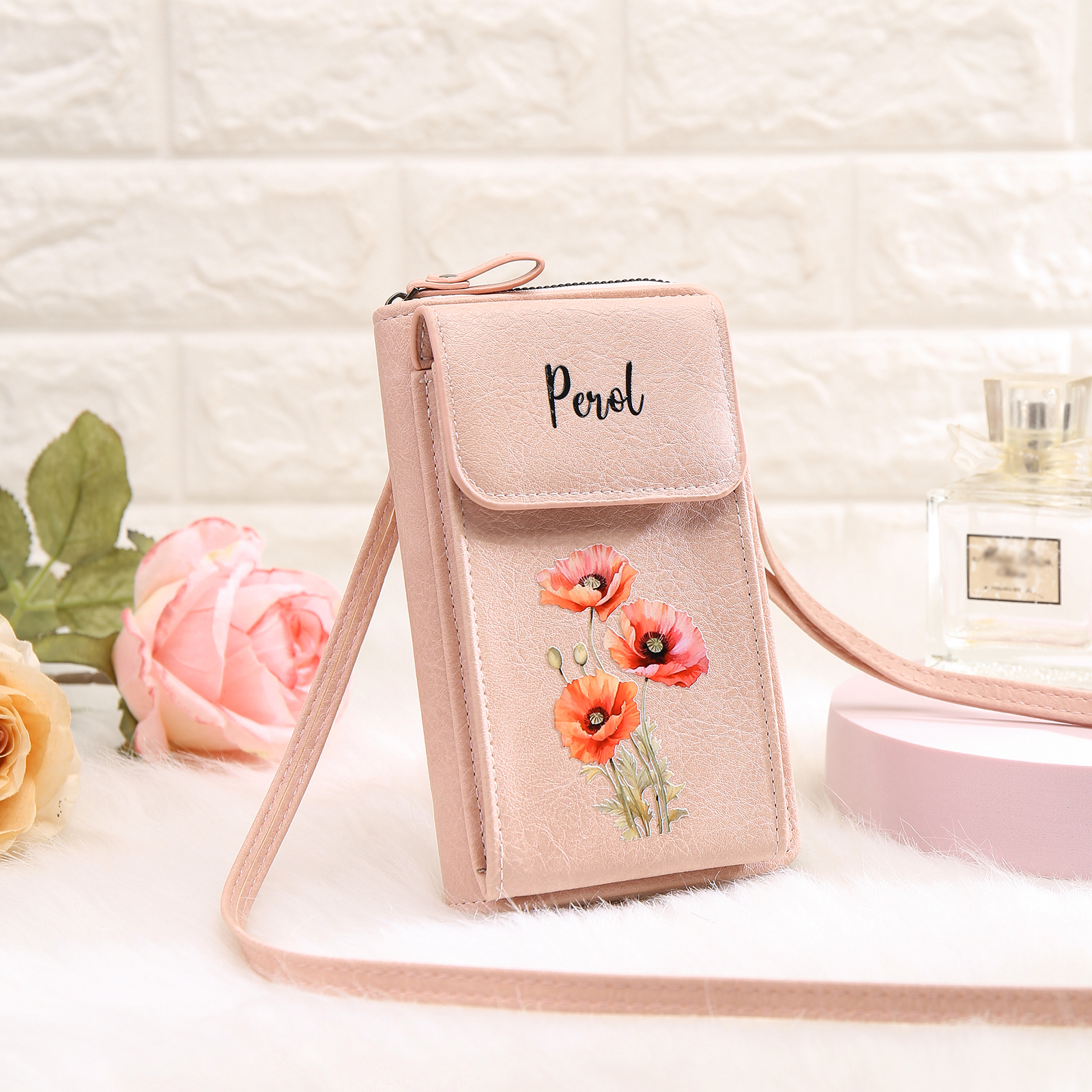 Personalised Women's Leather Wallet Custom Birthday Flower & Name Mobile Phone Wallet Zipper Crossbody Bag