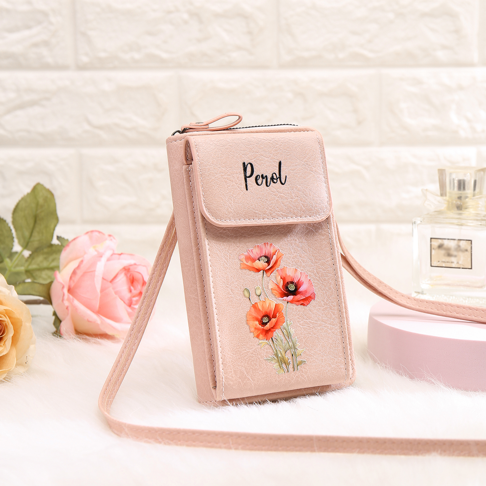 Personalised Women's Leather Wallet Custom Birthday Flower & Name Mobile Phone Wallet Zipper Crossbody Bag