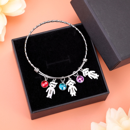 Personalised Kid Charms Bangle Bracelet With Names Customised 5 Birthstones Gift for Her-Jessemade AU