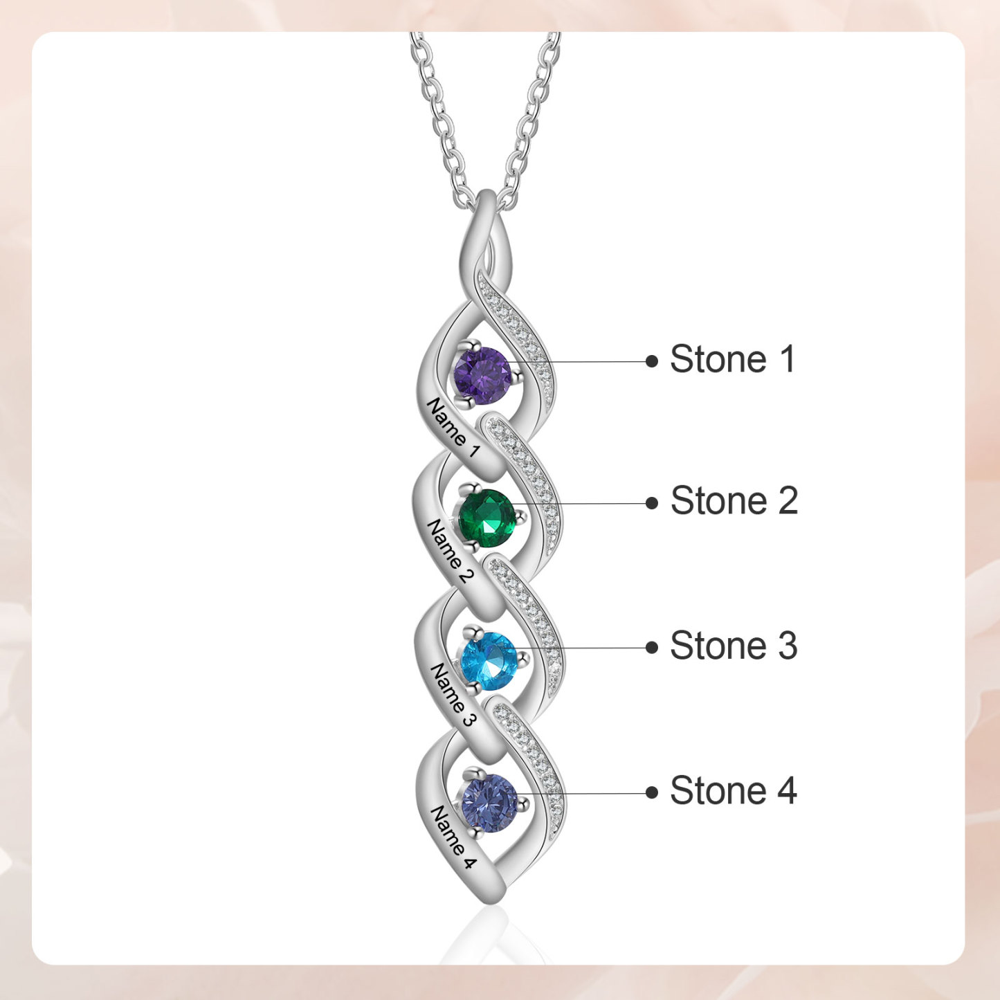 Personalised Twisted Pendant Necklace Custom 4 Birthstones & 4 Names Necklace Gifts for Her-Jessemade AU