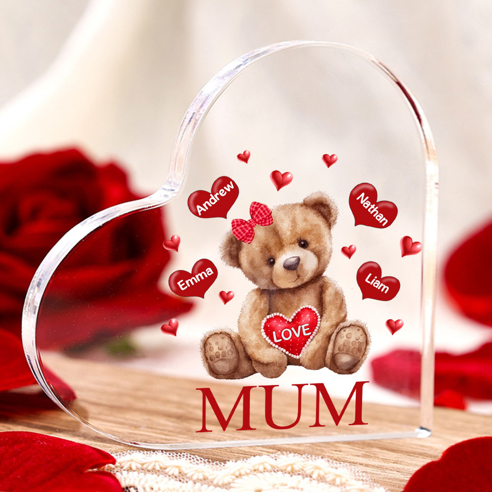 4 Names - Personalised Acrylic Heart Keepsake Custom 2 Texts Teddy Bear Ornaments Gifts for Grandma/Mother-Jessemade AU