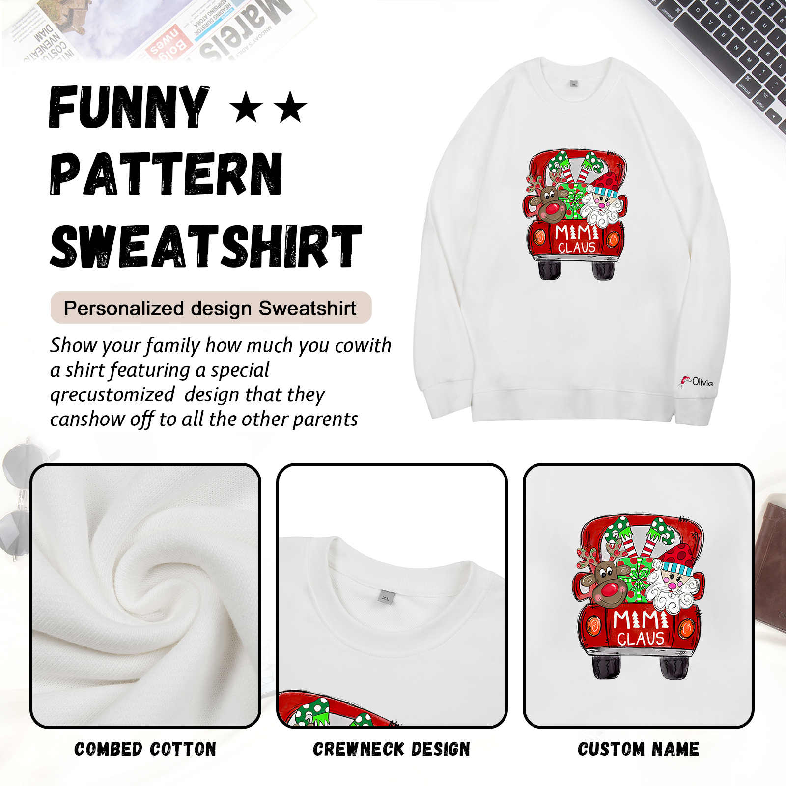 1 Name - Personalised Christmas Sweatshirt Custom Name & Text Sweatshirt Mimi Claus Sweatshirt Gift for Family -Jessemade AU