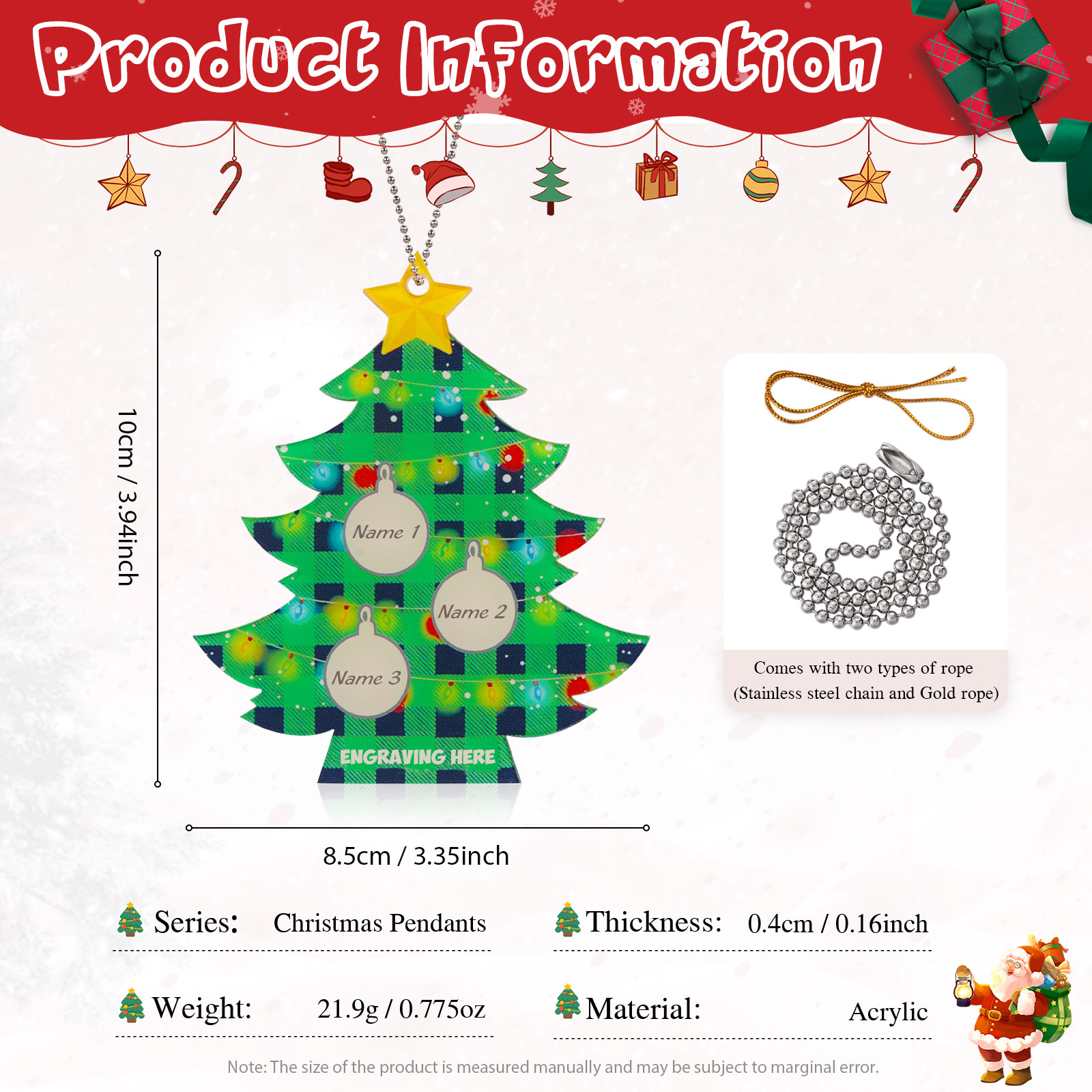 3 Names - Personalised Acrylic Christmas Tree Ornaments Customised Text & Name Xmas Pendant Gifts for Family Friends-Jessemade AU