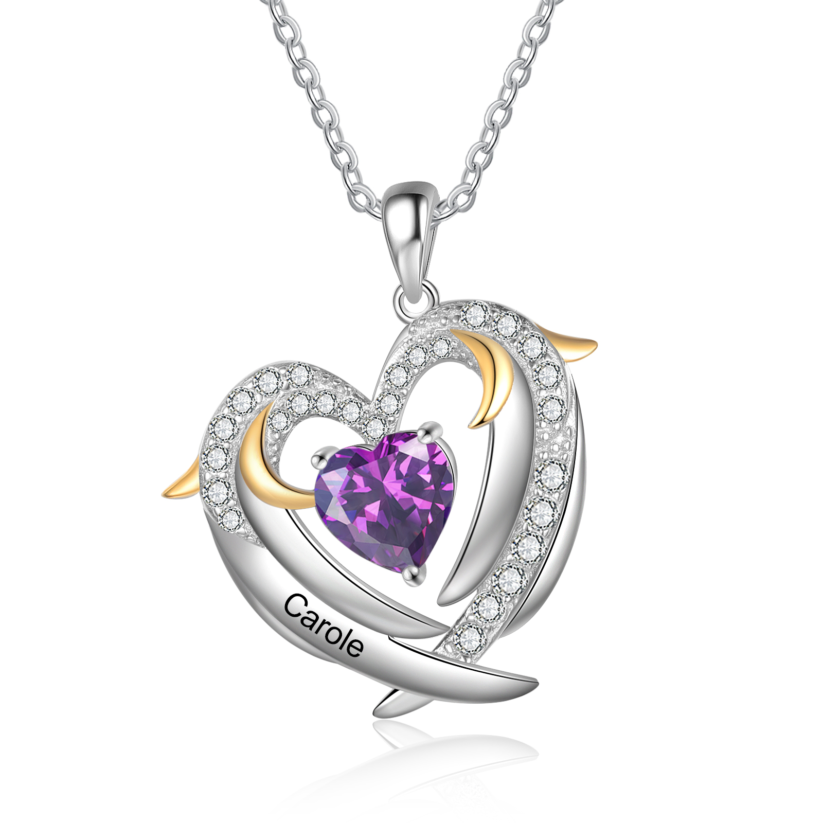 Personalised Heart Wings Necklace With 1 Birthstone Custom Names Necklace Gift For Her-Jessemade AU