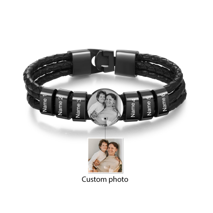 Personalised Men's Leather Bracelet Custom 6 Names & 1 Photo Braided Bracelet Father's Day Gifts for Him-Jessemade AU