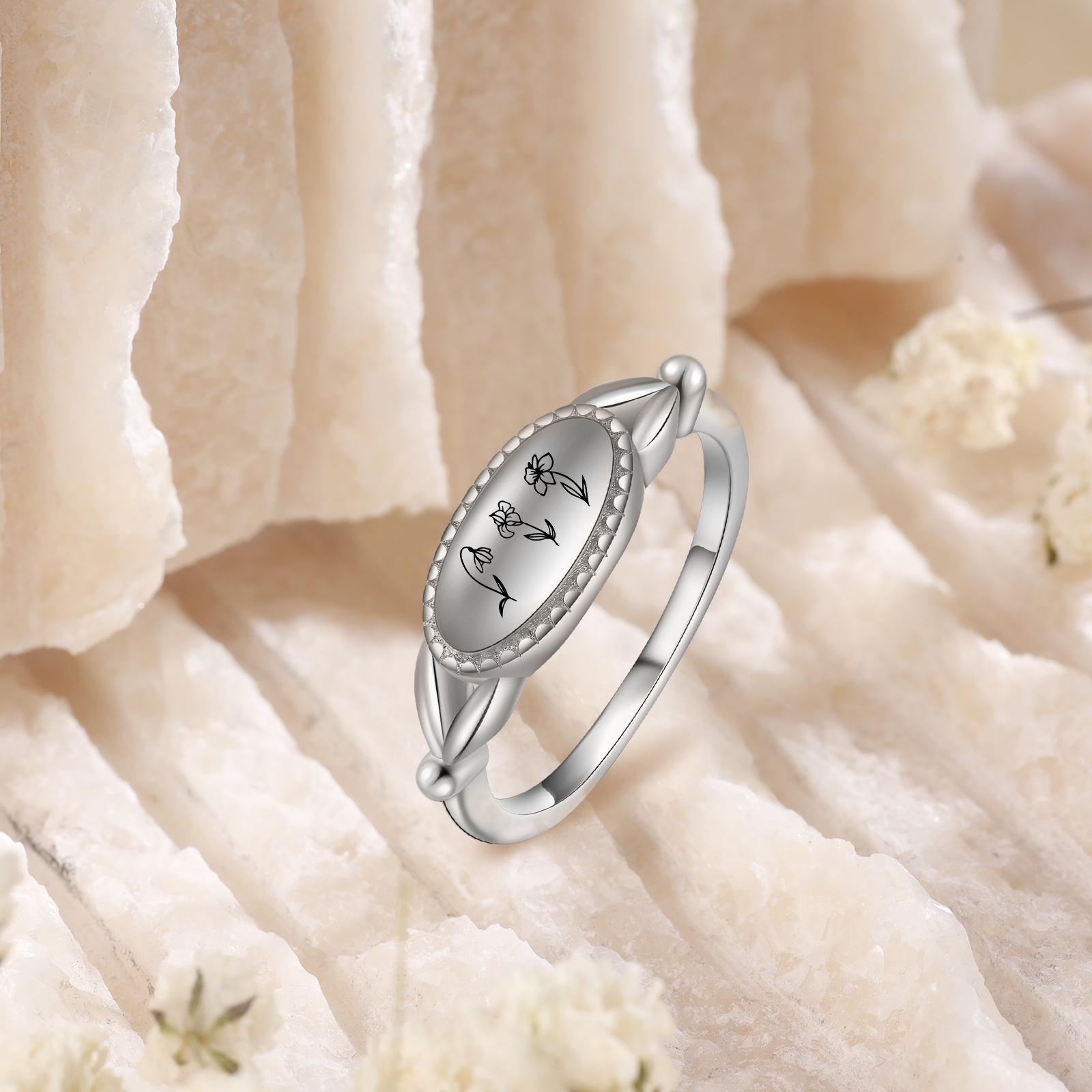 Customised 1-3 Birthflowers Ring Personalised Oval Plaque Ring Gifts for Her-Jessemade AU