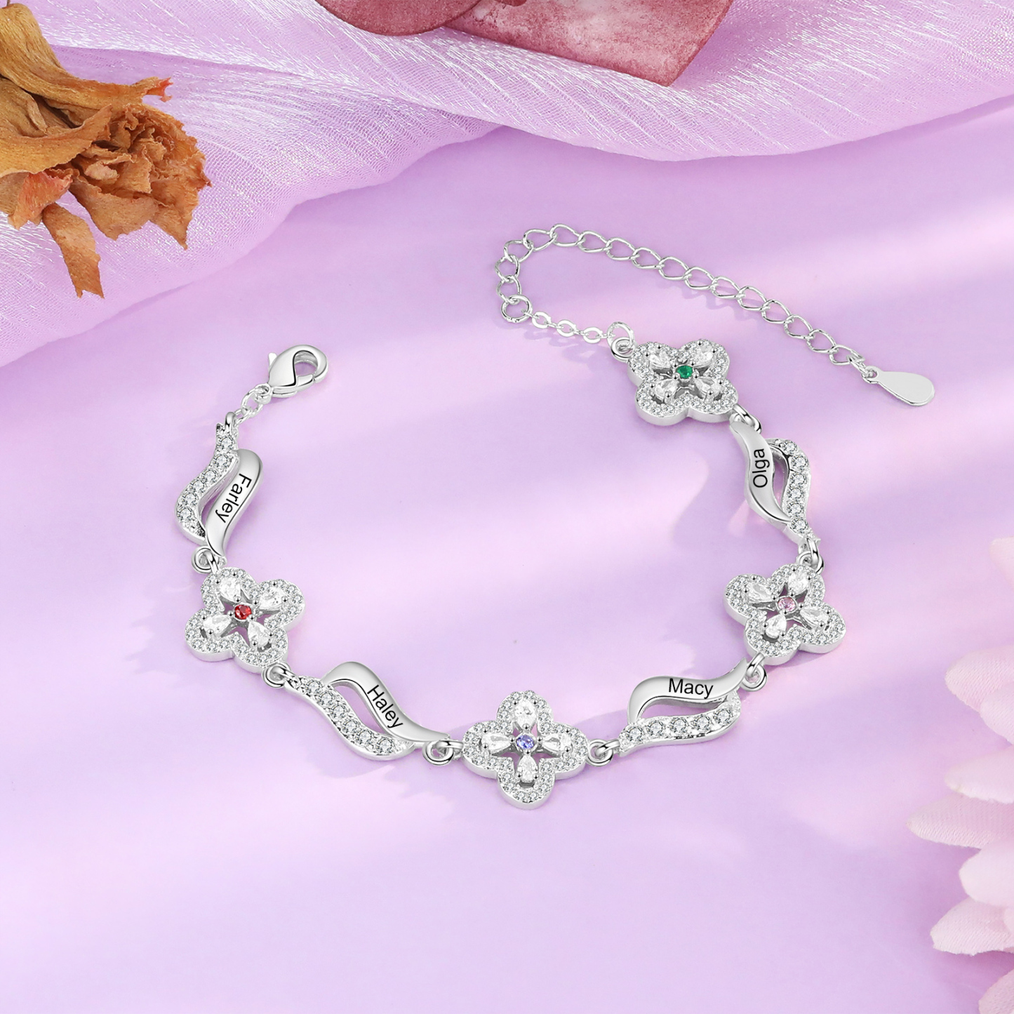 Personalised 4 Birthstones Engraved 4 Names Bracelet Women's Bracelets Birthday Gift for Her-Jessemade AU