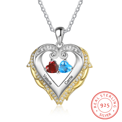 Personalised Heart Wings Necklace With 2 Birthstones Custom Names Gift For Her-Jessemade AU