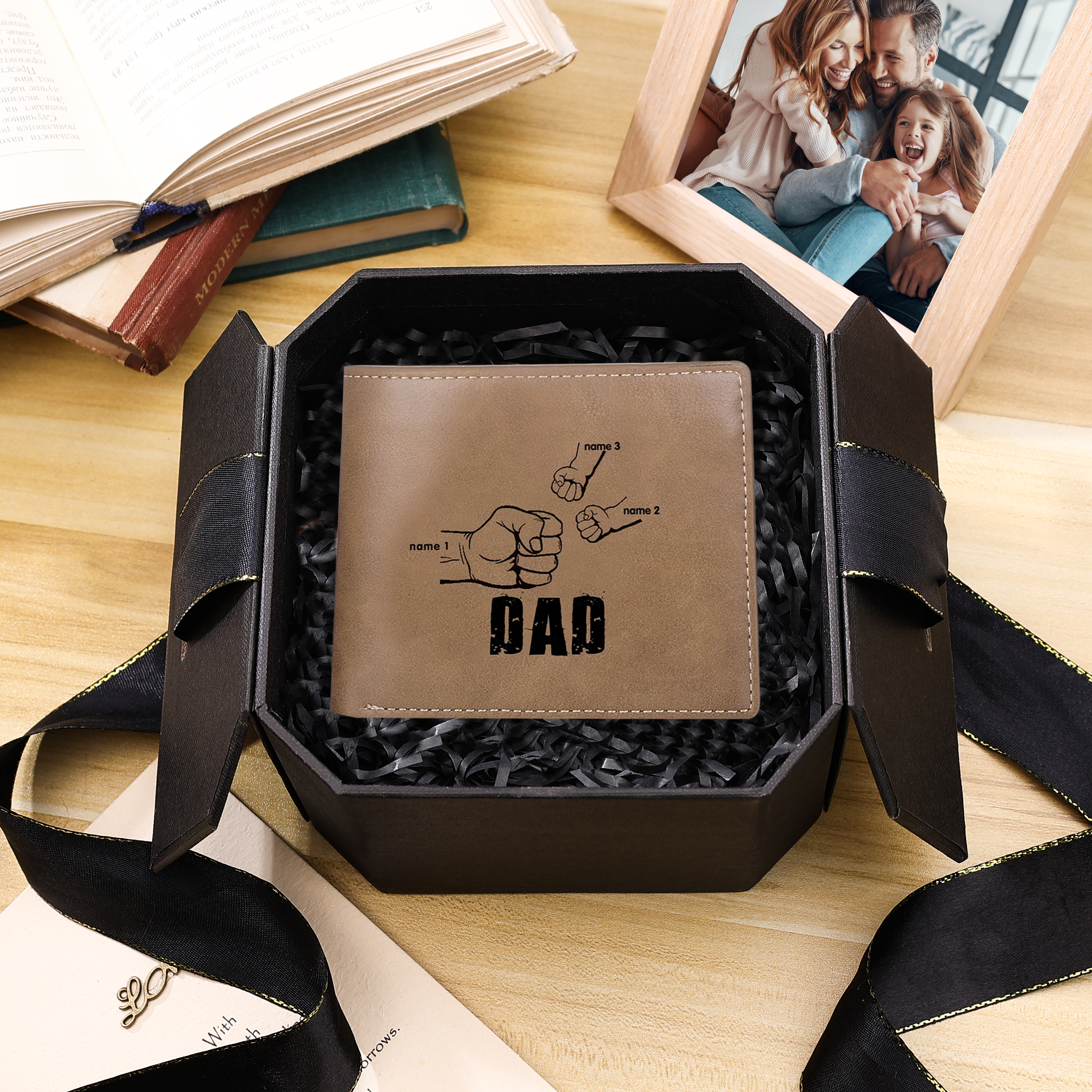 Personalised Leather Mens Wallet Engraved 3 Names Fist Bump Folding Wallet Father's Day Gifts-Jessemade AU