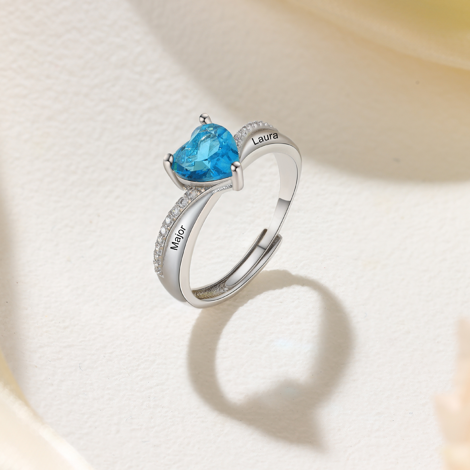 Personalised Heart Birthstone Ring Customised 2 Names Open Ring Gift for Women Girls-Jessemade AU