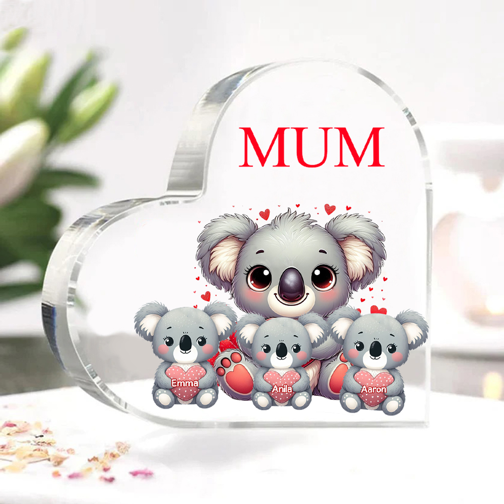 Personalised Acrylic Heart Keepsake Custom 1 Text & 3 Names Ornament Koala Family Gifts for Mother/Grandma-Jessemade AU