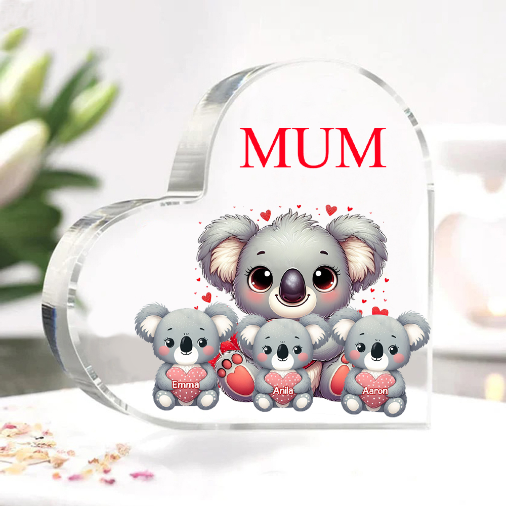 Personalised Acrylic Heart Keepsake Custom 1 Text & 3 Names Ornament Koala Family Gifts for Mother/Grandma-Jessemade AU