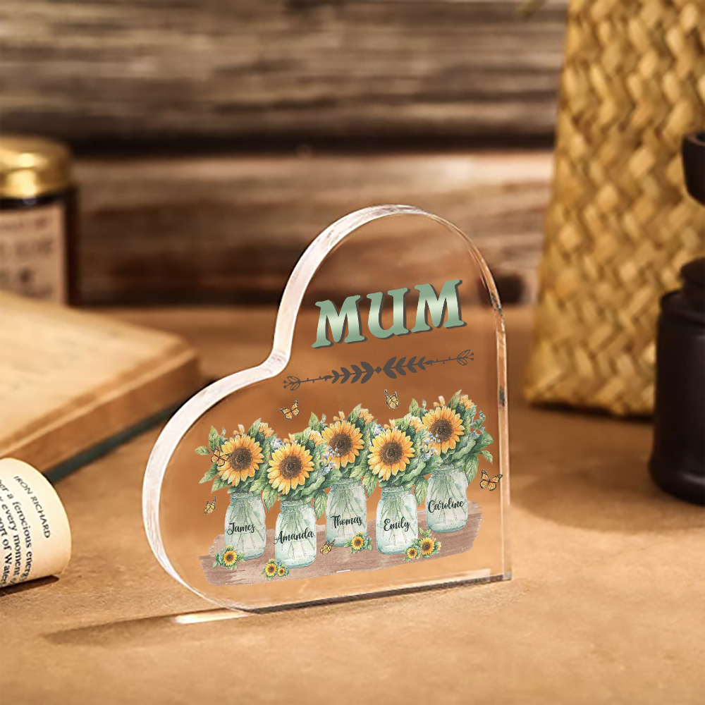 Personalised Acrylic Heart Keepsake Custom 5 Names & 1 Text Sunflower Vase Ornament Gifts for Mother/Grandma-Jessemade AU