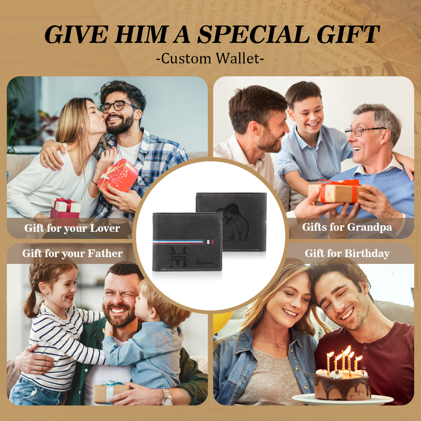 Personalised Photo & Name & Letter Billfold Wallet Monogram Leather Black Wallet Gift for Men-Jessemade AU