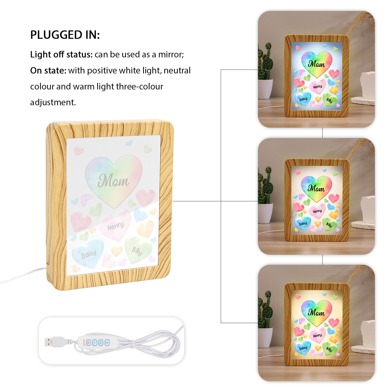 Personalised Night Light Mirror Frame Custom 1 Text & 3 Names Colourful Hearts Family LED Lamp Gift for Grandma/Mother-Jessemade AU