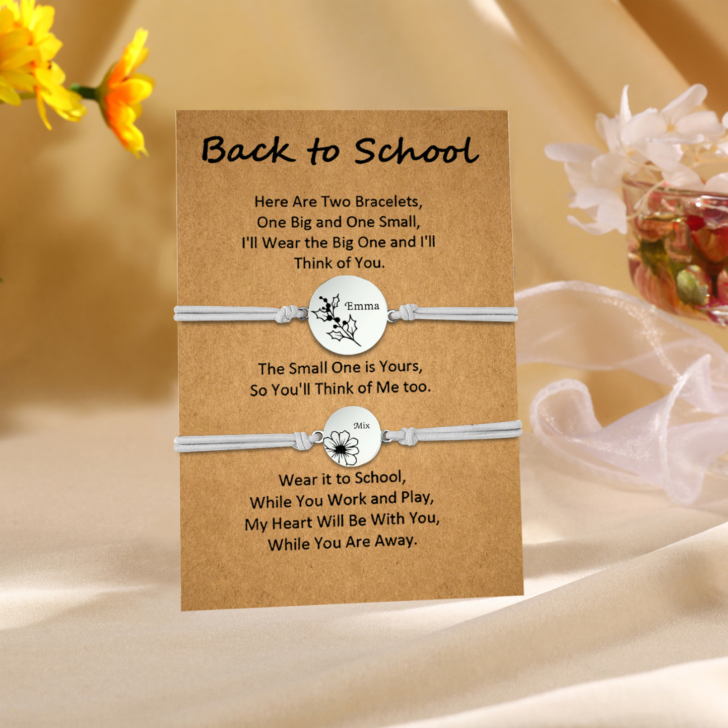 2 Pcs Bracelet Set Personalised Names & Birth Flowers Adjustable Bracelets with Message Card Back to School Gifts for Daughters-Jessemade AU