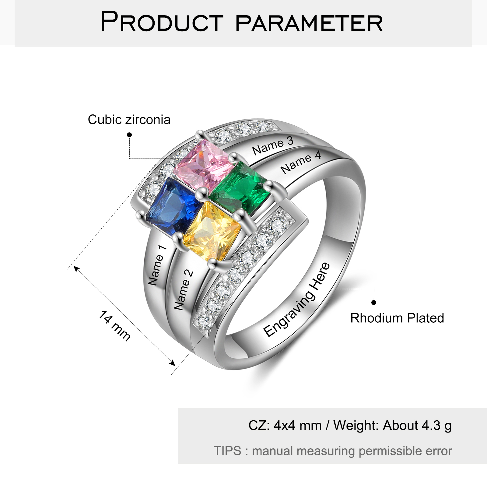 Personalised Mothers Ring With 4 Birthstones Engraved Names Ring Gift For Women-Jessemade AU