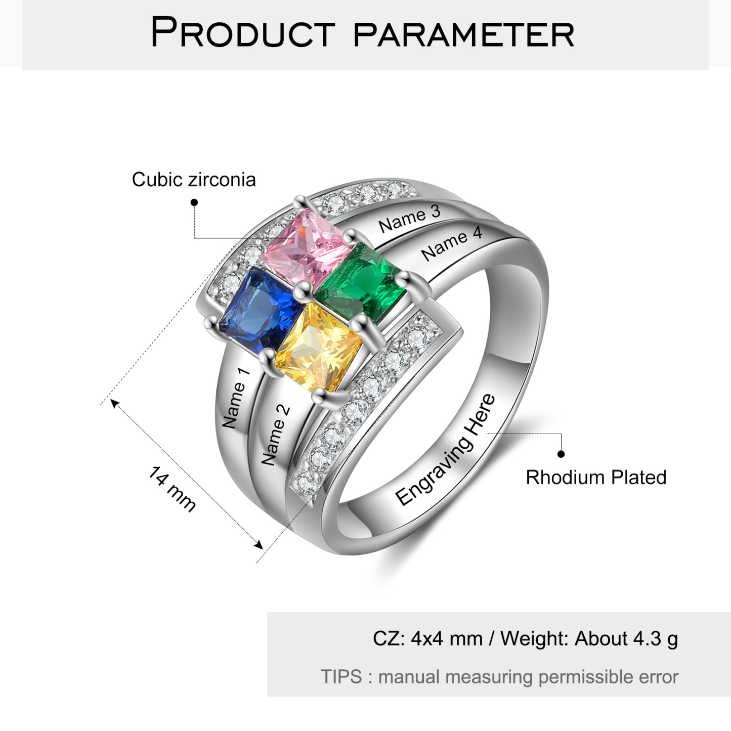 Personalised Mothers Ring With 4 Birthstones Engraved Names Ring Gift For Women-Jessemade AU
