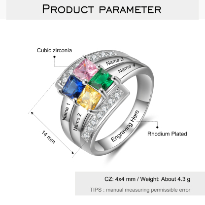 Personalised Mothers Ring With 4 Birthstones Engraved Names Ring Gift For Women-Jessemade AU