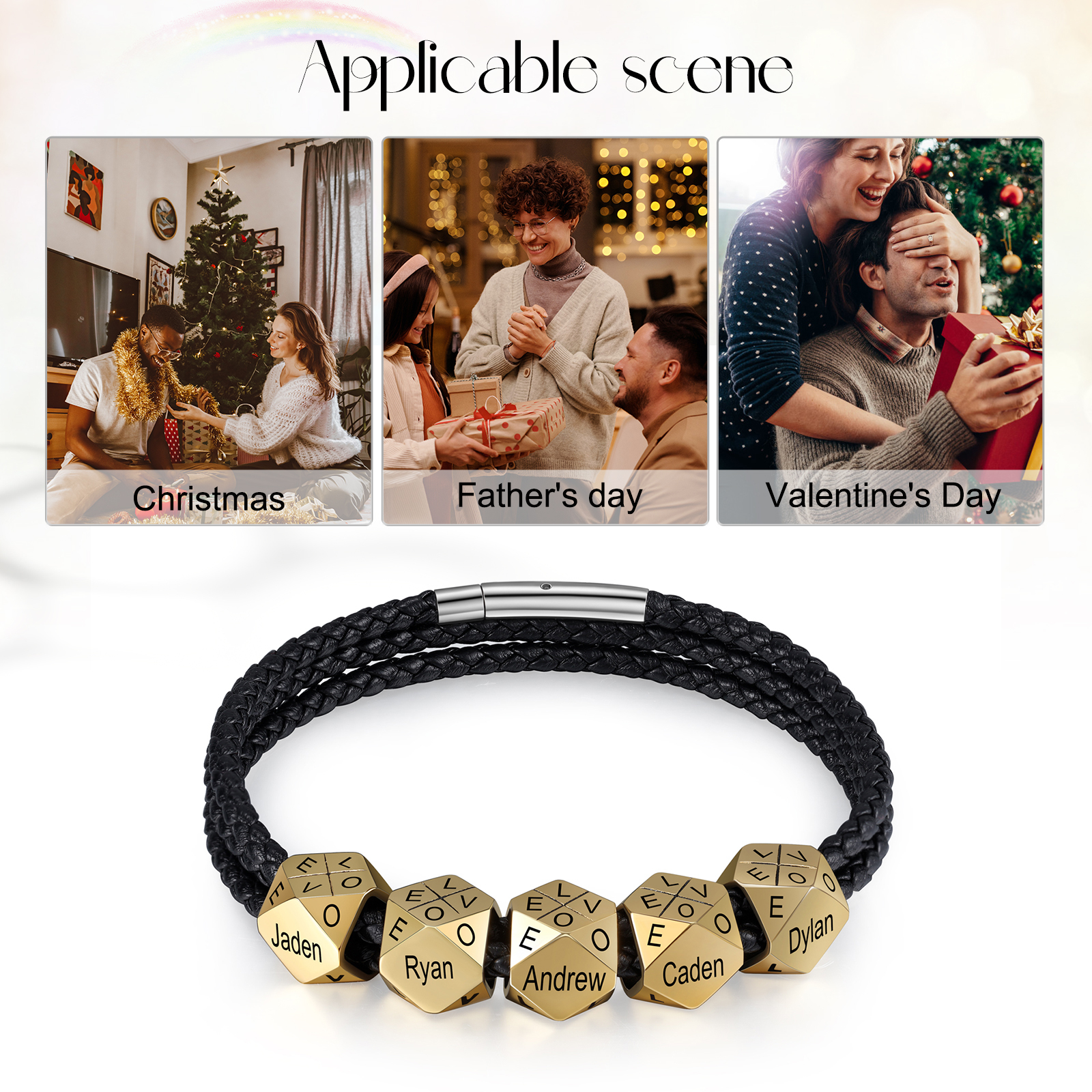 Personalised Braided Leather Bracelet Engraved 10 Names polyhedron Men's Bracelet Gifts For Him-Jessemade AU