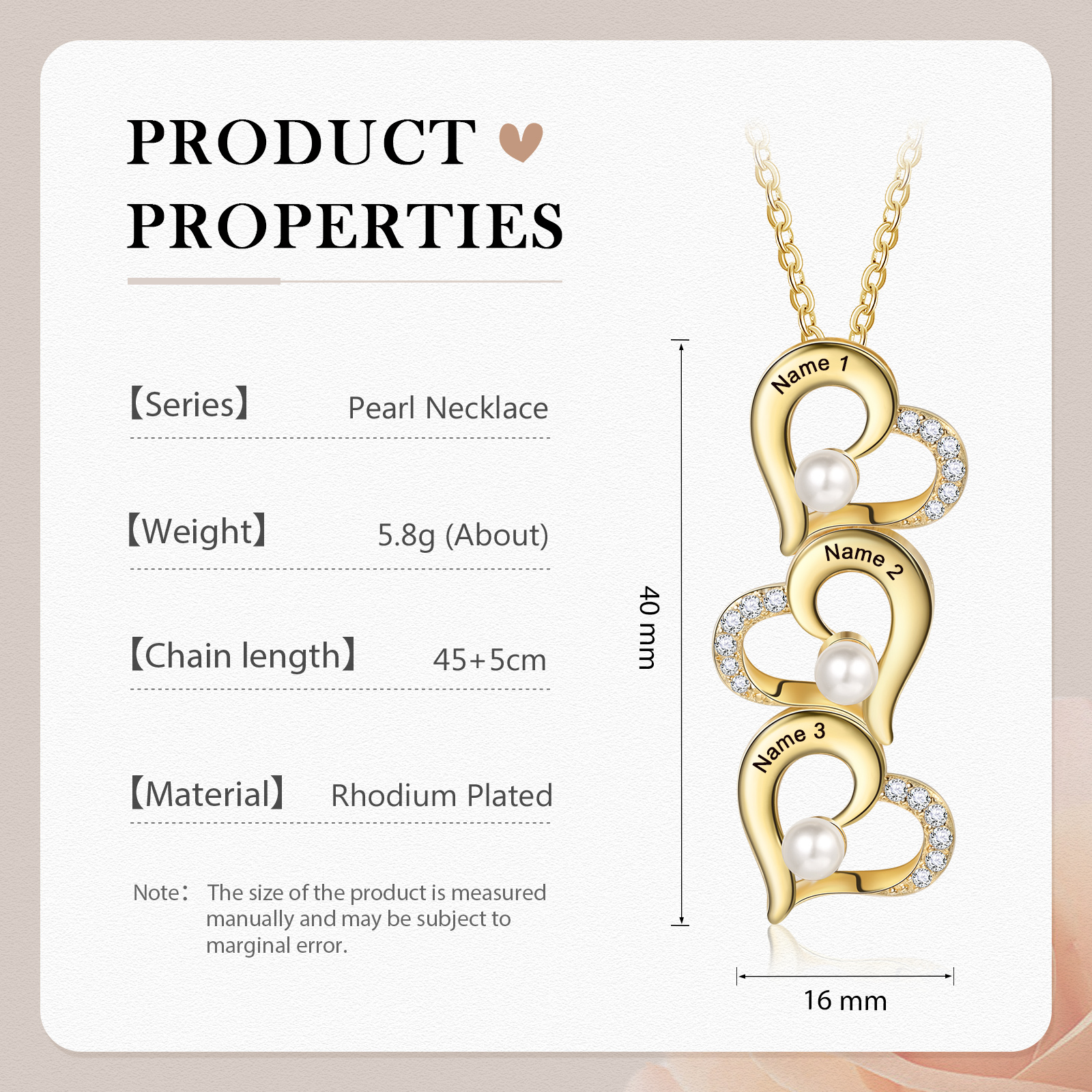 3 Names - Personalised Heart Shape Pendant Necklace Women's Customised Name Necklace Pearl Necklace Birthday Gift for Mother-Jessemade AU