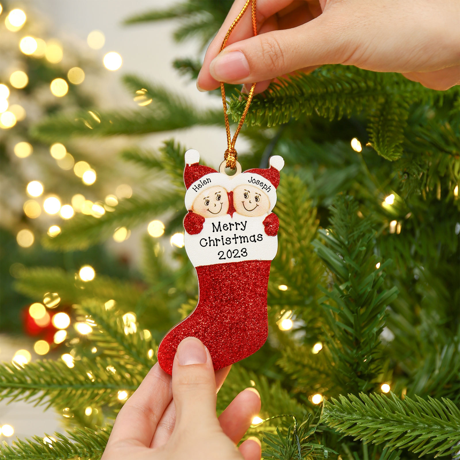 2 Names - Personalised Christmas Stocking Ornament Customised Name & Text Wooden Hanging Ornaments Christmas Gift for Family-Jessemade AU