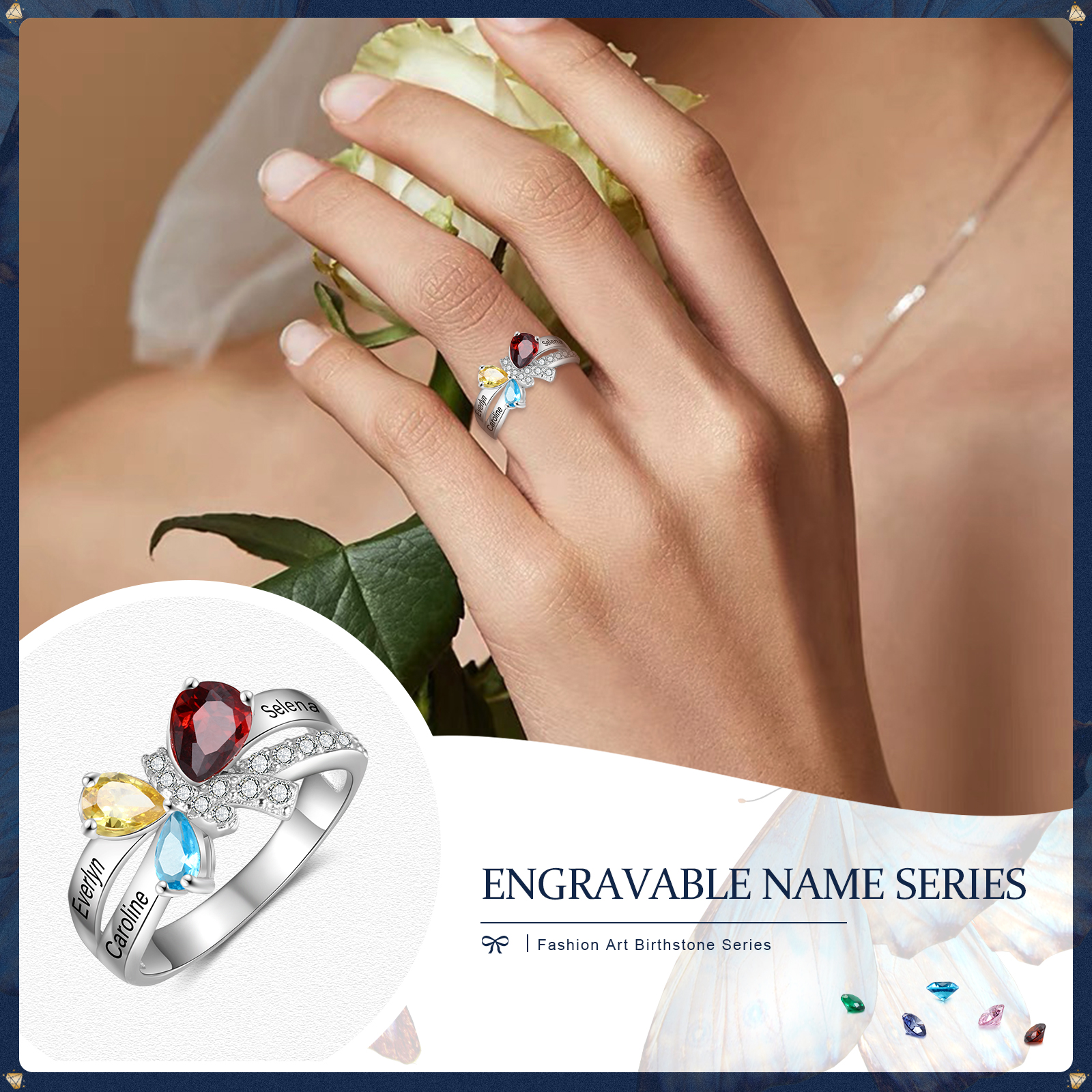 Personalised Butterfly Ring With 3 Birthstones Engraved Names Ring Gifts For Her-Jessemade AU