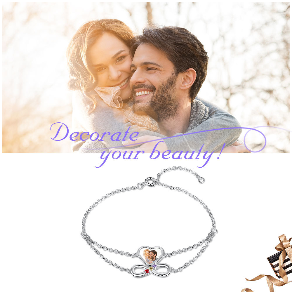 Personalised Heart Photo Bracelet With 3 Birthstones Custom Photo Bracelet Gifts For Her-Jessemade AU