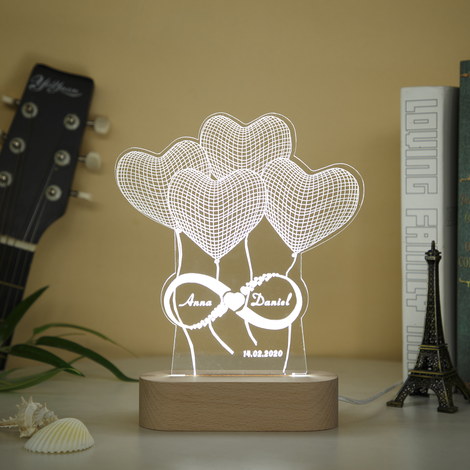 Personalised Heart balloon Name Night Light Engraved Lamp-Jessemade AU