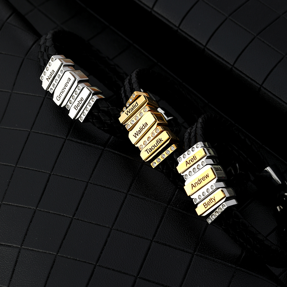 Mens Leather Bracelet with Customised Beads Personalised Three Layer Bracelet Engraved 3 Names-Jessemade AU