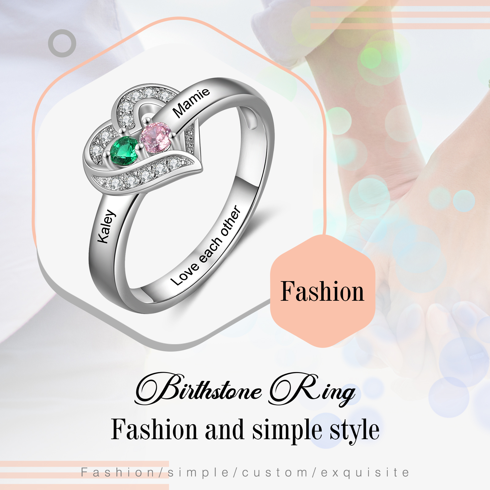 Personalised Heart Ring With 2 Birthstones Engraved Names Ring Gift For Women-Jessemade AU