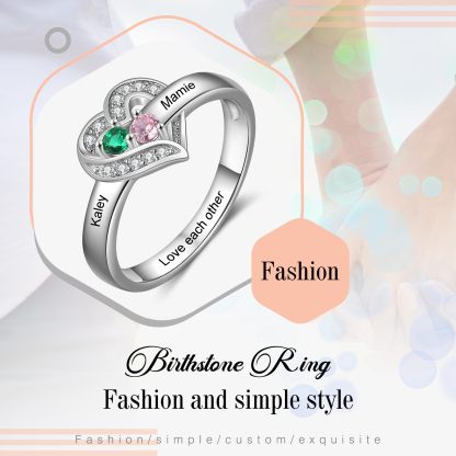 Personalised Heart Ring With 2 Birthstones Engraved Names Ring Gift For Women-Jessemade AU
