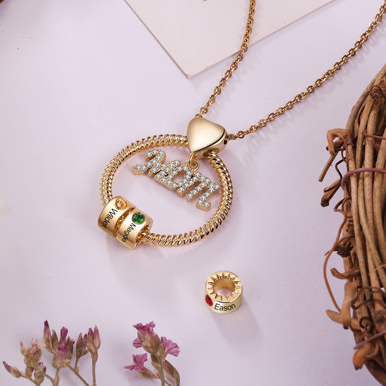 Personalised Necklace With 2 Birthstones Engraved Names Gift For Mother-Jessemade AU