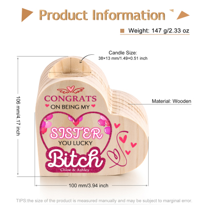 Personalised Heart Candle Holder Custom Text Wooden Candlestick "Congrats On Being My Sister" Funny Gift for Friend-Jessemade AU