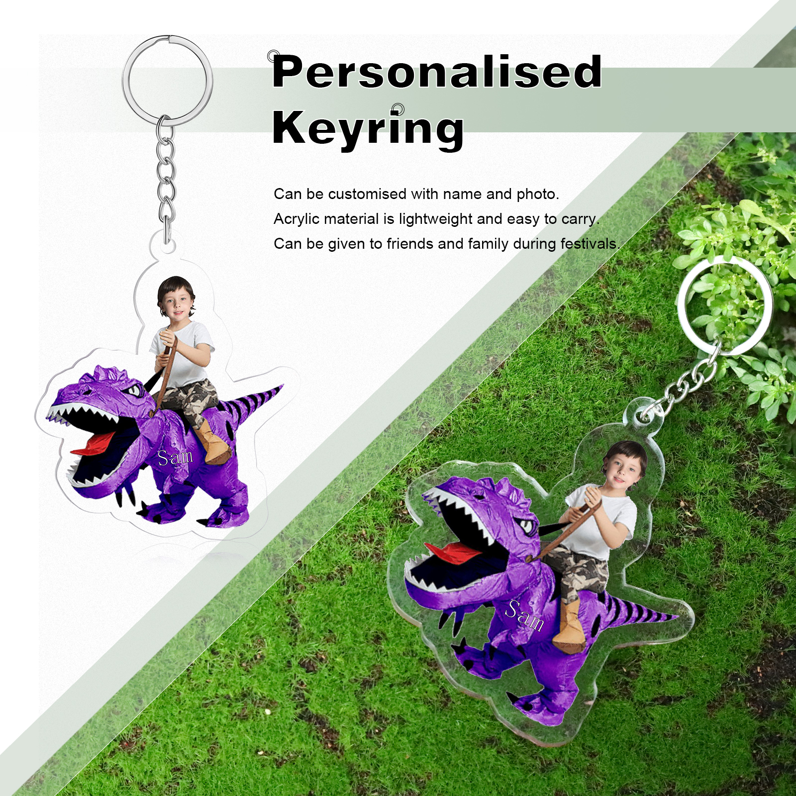 1 Name - Personalised Acrylic Dinosaur Keychain Customised Name & Photo Keychain Gift for Kids-Jessemade AU