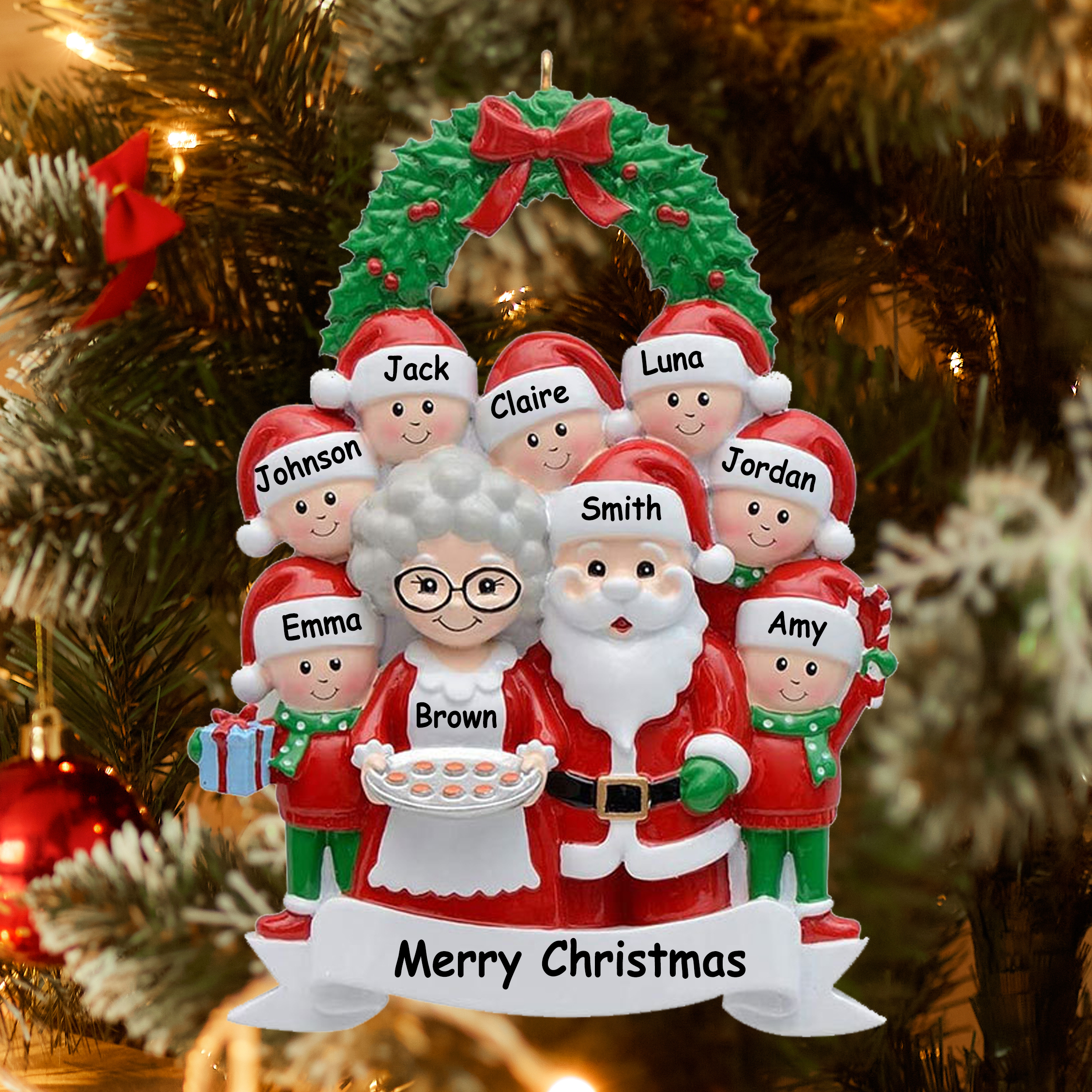 Santa Family Ornament Custom 9 Names Grandparents with Grandkids Ornament-Jessemade AU