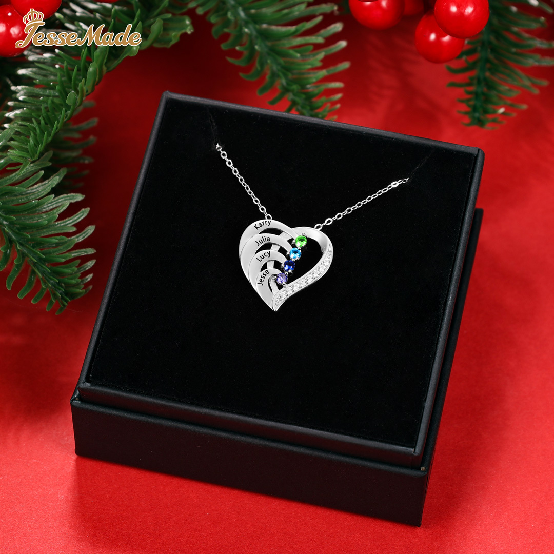 Personalised Mother Necklace 4 Stones Engraved 4 Names Birthstone Family Heart Pendant Gifts for Her-Jessemade AU