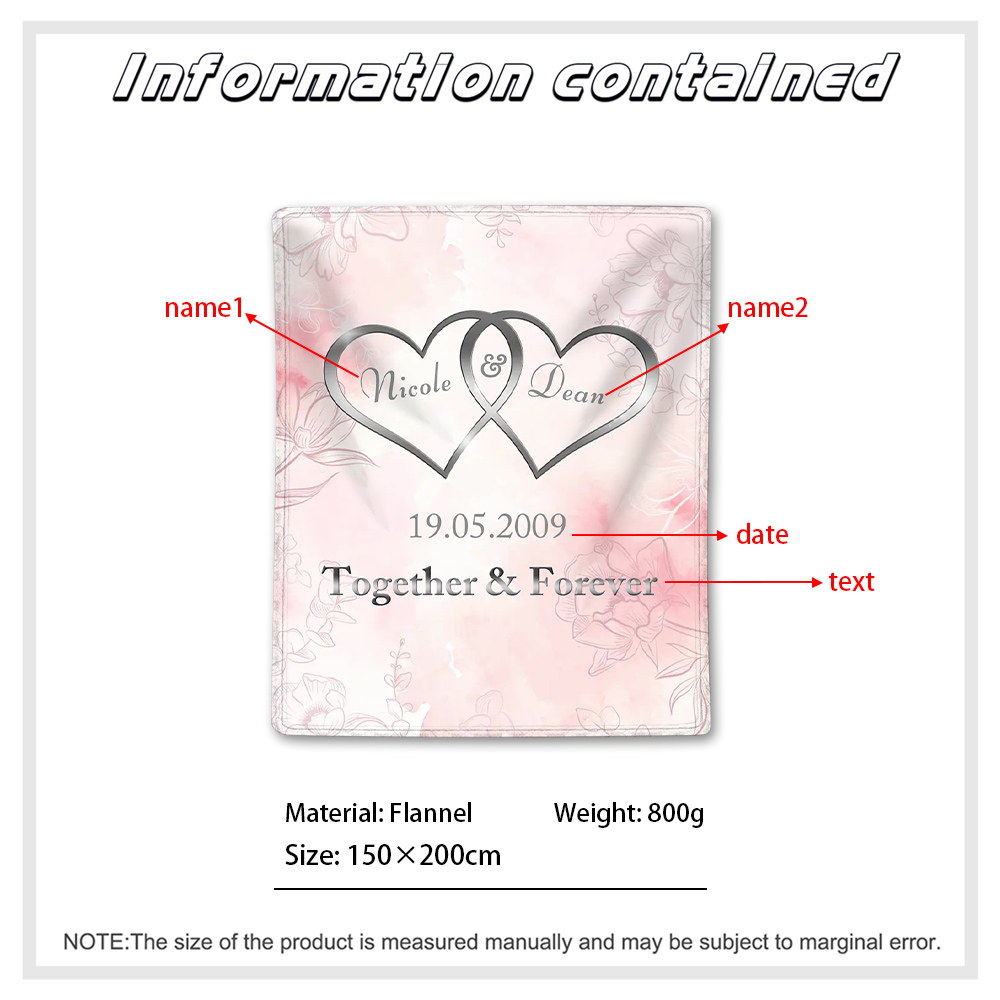 Pink Personalised Couple Blanket Customised 2 Names & Date & Text Blanket Heart Valentine's Day Gifts for Him/Her-Jessemade AU