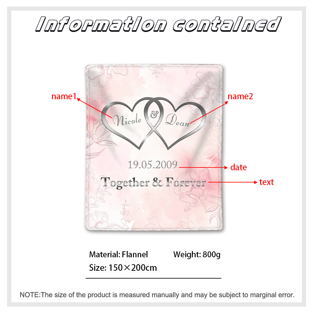 Pink Personalised Couple Blanket Customised 2 Names & Date & Text Blanket Heart Valentine's Day Gifts for Him/Her-Jessemade AU