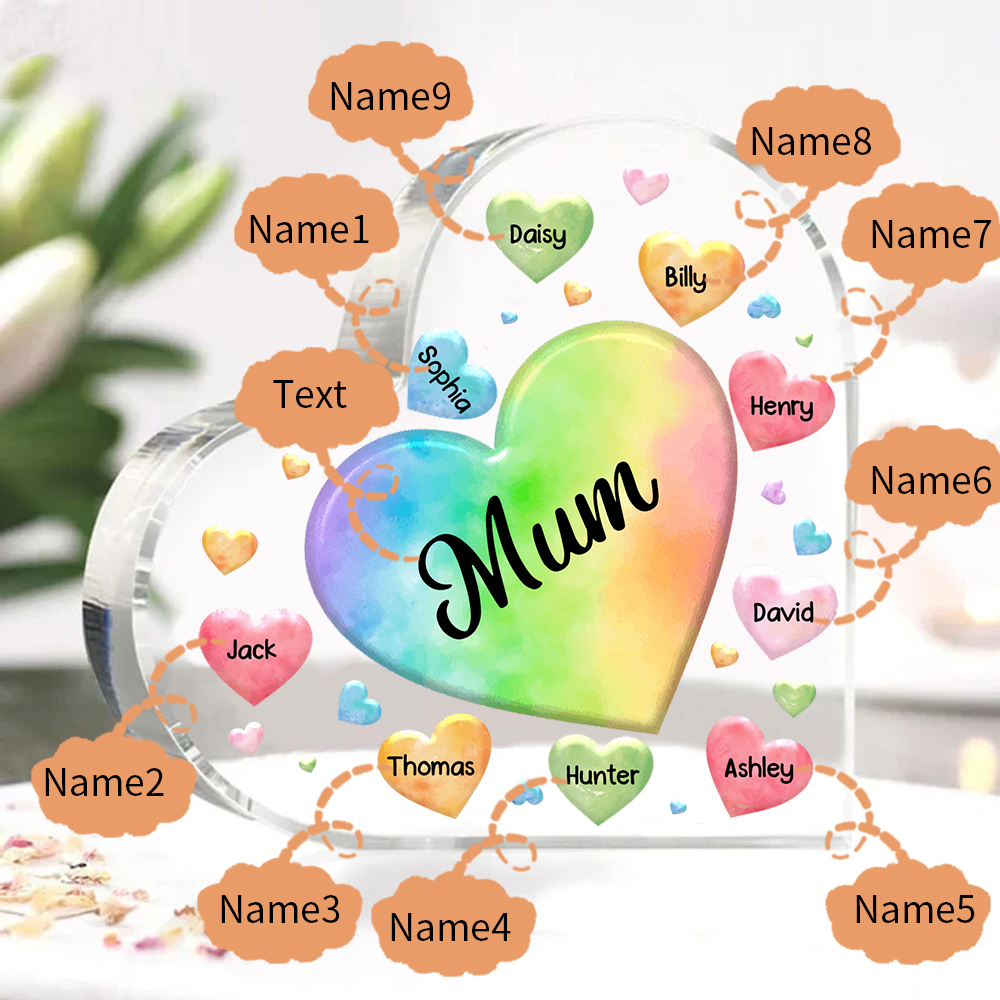 9 Names - Personalised Acrylic Heart Keepsake Custom Text Colourful Hearts Ornament Gift for Mother/Grandma-Jessemade AU